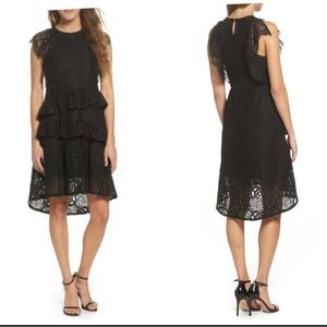 Foxiedox All Over Lace Tiered Ruffle Sleeveless Hi-Low Lined Black Dress Small